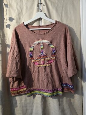 Boho Peace Sign Embroidered Mauve Women's Top